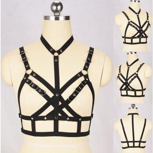 Fetish Wear Riveted Body Harness Crop Top Bondage Lingerie Rave Wear Cupless Cage Bra Bodysuit Elastic Harness Bra O0387