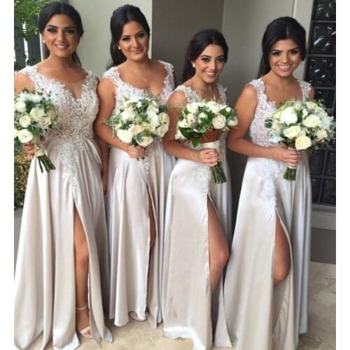 Deep V-Neck Lace Applique Bridesmaid Gown Dark Navy Blue/Ivory/Champagne/Silver/Peach Sexy Lace Bridesmaid Dresses Fast Shipping