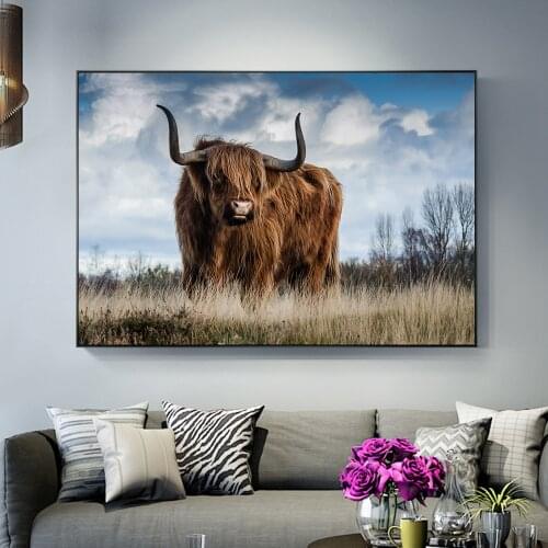 Highland Cow on the Grass Nordic Art Posters And Prints Animals Art Pictures Wall Decor Landscape Paintings For Living Room