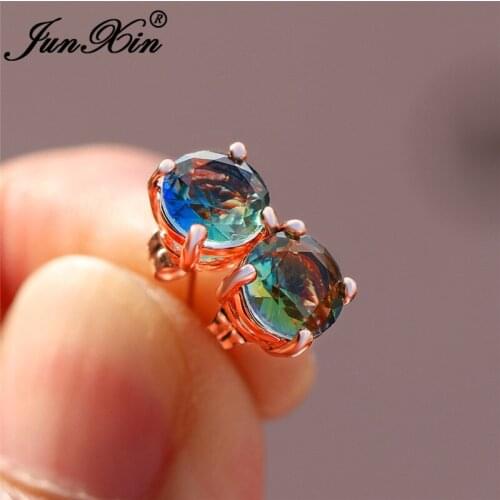 Colorful Green Blue Stone Round Wedding Earrings For Women Men White Gold Rose Gold Rainbow Fire Crystal Stud Earrings Jewelry