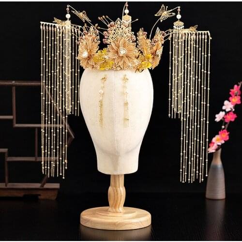 New fashion luxury Chinese Costume gold metal long tassel tiara earrings Wedding Hair Accessories