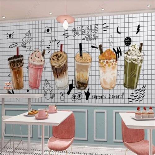 Nordic Modern Hand-painted Bubble Tea Wall Paper 3D Abstract Milk Tea Dessert Shop Industrial Decor Background Mural Wallpapers