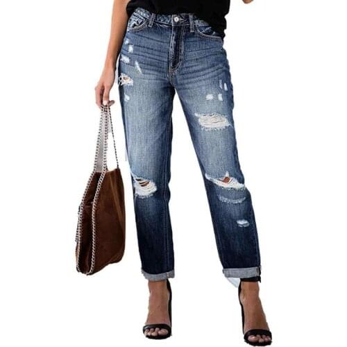 2020 New Fashion Women Stretch Ripped Distressed Skinny Mid Waist Denim Pants Shredded Jeans Trousers Slim Jeggings Denim Jeans