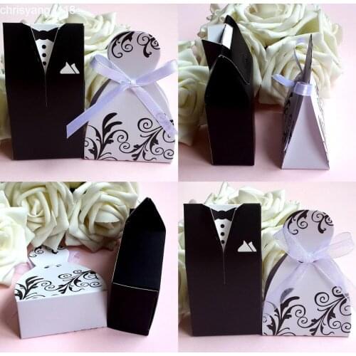 New 50 Pcs Bridal Gift Cases Groom Tuxedo Dress Gown Ribbon Wedding Favor Candy Box and Gifts Wedding Decoration