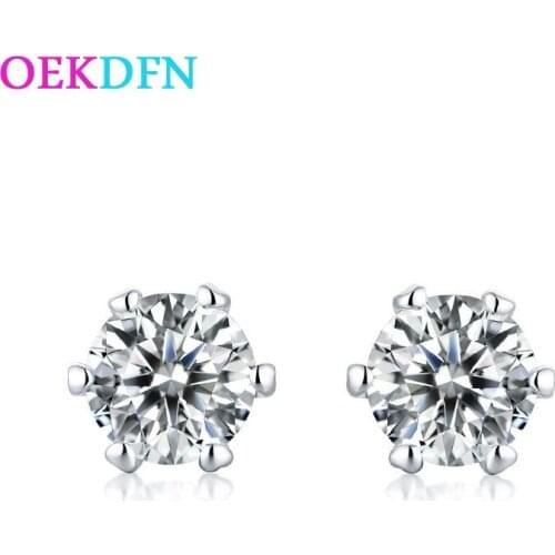 OEKDFN Classic Luxury 925 Sterling Silver Stud Earrings Real Round Moissanite Gemstone Diamonds Ear Studs Earrings Fine Jewelry