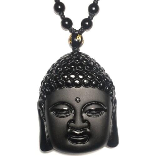 Natural obsidian Buddha Pendant for men women gold obsidian pendant Necklace with beads chain