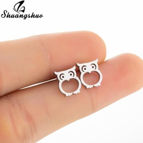 Shuangshuo Simple Fashion Animal Stainless Steel Earrings Lovely Owl Stud Earrings for Women Everyday Jewelry Gift Bijoux Femme