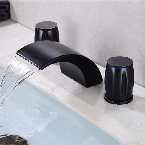 Waterfall Basin Faucets Black Brass Deck Mounted Square Bathroom Sink Faucets 3 Hole Double Handle Hot and Cold Water Taps