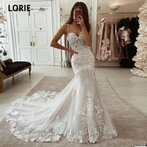 LORIE Ivory Mermaid Wedding Dresses Lace Appliques Tulle Bridal Gowns with Train Sweetheart Spaghetti Straps Vintage Gowns 2021