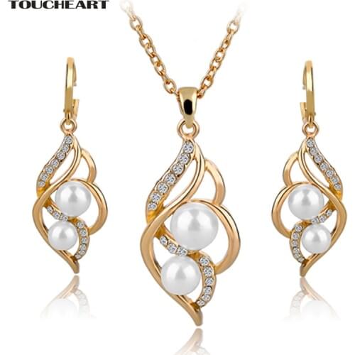 TOUCHEART Simulated Pearl Indian Wedding Jewelry Sets for Women Bridal Crystal Gold color Earrings Statement Necklaces SET140024