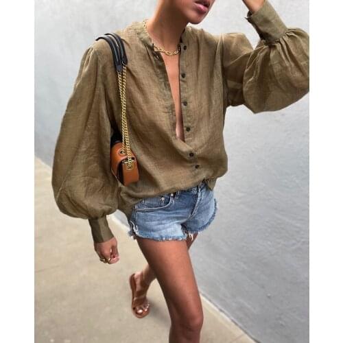 Women Office Lady Front Button Blouse Lantern Sleeve Stand Collar High Street Casual Shirt 2012 Autumn New Women Tops and Blouse