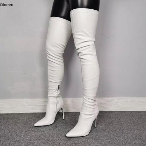 Olomm Handmade Women Spring Thigh High Boots Stiletto Heels Boots Pointed Toe Elegant White Party Shoes Women Plus US Size 5-15