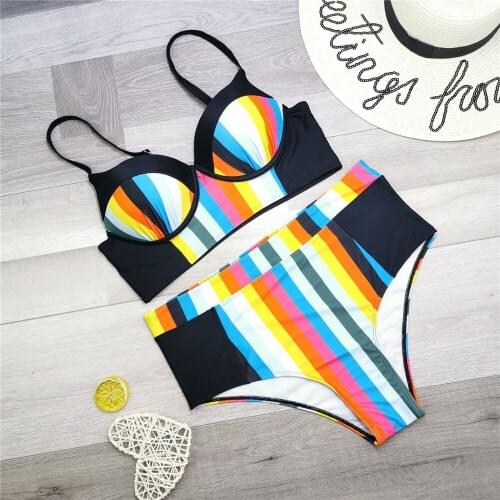 2020 rainbow striped printed women two pieces big bikinis set large push up swimwear plus size XL to 5XL high waist swimsuit