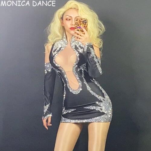 Women Nightclub Sexy Stage Sparkly Silver Rhinestones Dress Prom Party Women Dance Birthday Celebrate Dance Dresses