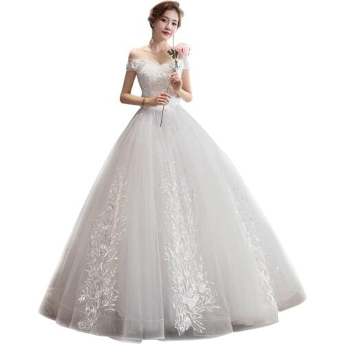 2021 New Elegant Boat Neck Short Sleeve Simple Wedding Dress Lace Embroidery Sequin Plus Sizebride Gown Vestidos De Noiva L