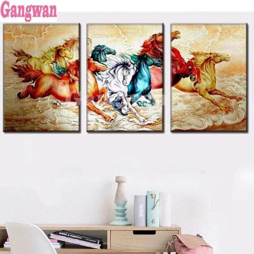 Diamond Embroidery Animals Cross Stitch DIY Full Circle Diamond Painting eight Horses pattern Diamond Mosaic office 3 pcs Decor