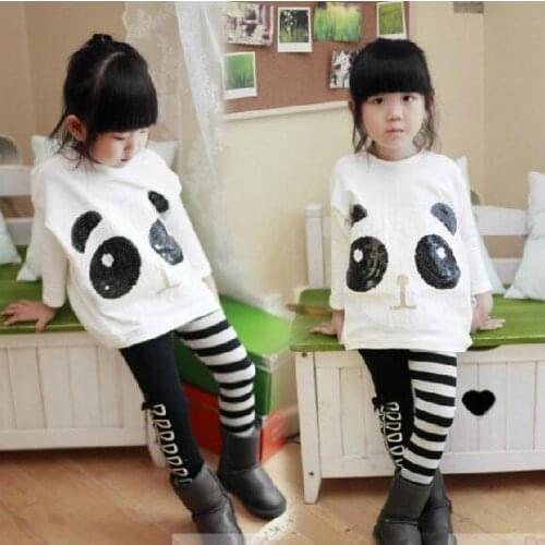 Free shipping -5sets/lot -2pcs baby clothing suits-Girls sequined panda bat sleeve loose bottoming shirt + striped leggings