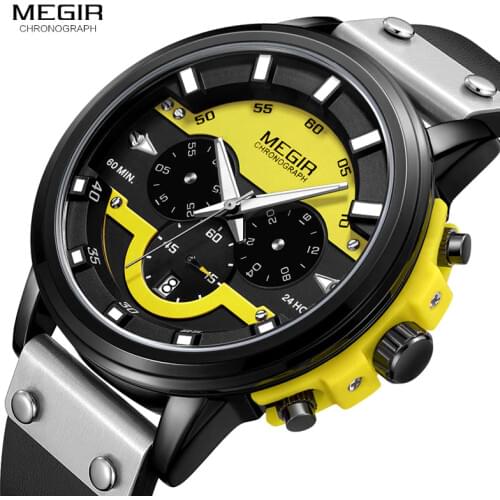 MEGIR 24 Hours Chronograph Quartz Watches Waterproof Casual Leather Wristwatch for Man Luminous Hands Sports Watch 2080 Yellow