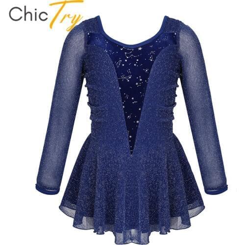 ChicTry Kids Girls Long Sleeves Shiny Silver Glitters Velvet Gymnastics Leotard Ballet Dance Costume Child Figure Skating Dress