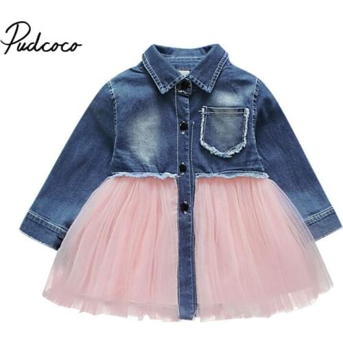 Girls Kids Pocket Decor Demin Patchwork Dress Long Sleeve Autumn New Fashion Lovely Ball Gown Ruffles Vestidos