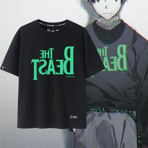 2021 JP Anime Evangelion Ikari Shinji The Beast Print Tee Shirt Black Casual T-shirt