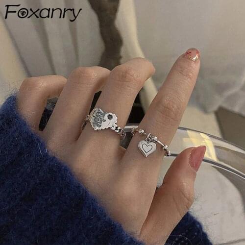 Foxanry 925 Sterling Silver LOVE Heart Rings for Women Couples New Fashion Simple Chain Geometric Birthday Party Jewelry Gifts