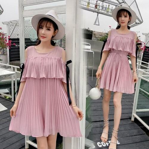 2018 Summer Pleated Chiffon Dress Off Shoulder Plus Size for Pregnant Dresses Pregnancy Cute Elegant Fashion Clothes Pink Black