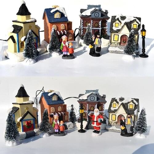 Miniature Figurines Cute Dreamy Snow Scene Cottage House with Light Christmas Desk Ornament Accessories Craetive Kids Toy Gift