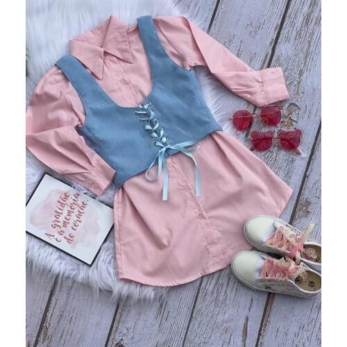 Toddler Kid Little Baby Girls Fashion T-Shirt Dress Button Down Loose Blouse Tops Casual Dresses with Strap Crop Top