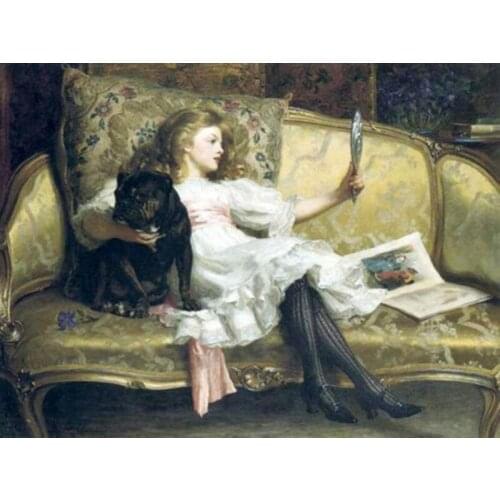 Figure Wall Oil Painting on Canvas for Home Decor Young Beauty Girl on Sofa with Mirror and Her Pet Dog Handpainted Art