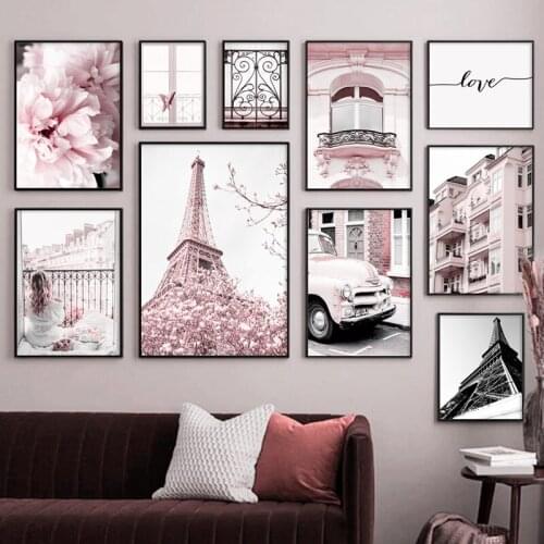 Pink Peony Paris Tower Rome Window Car Wall Canvas Painting Wall Art Pictures Nordic Print Posters for Living Room Home Decor