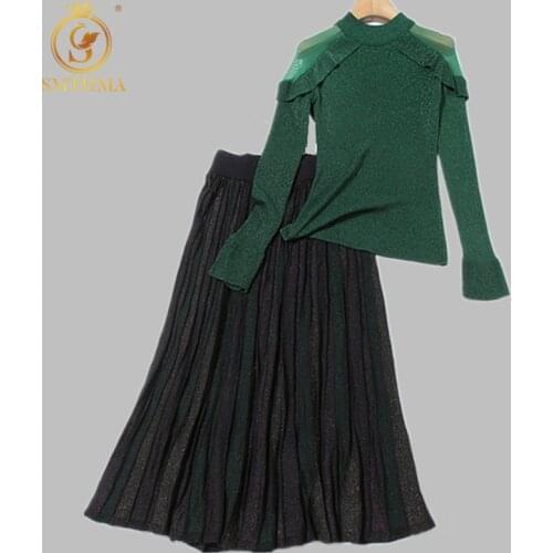 2021 New Spring 2 Pieces Skirt Suits Women Mesh Patchwork Bright Silk Sweater +High Waist Vintage Office Work Pleated Skirt Suit