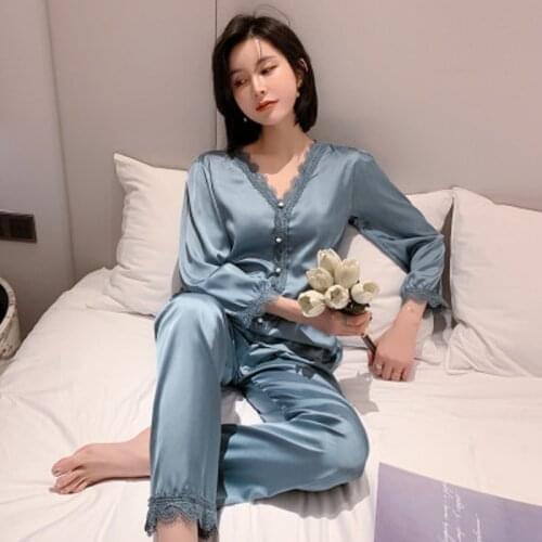 Daeyard Silk Pajamas Sets For Women Cute Shirts And Pants 2 Pcs Appliques Pijamas Girls Sweet Home Clothes Sexy Lace Sleepwear