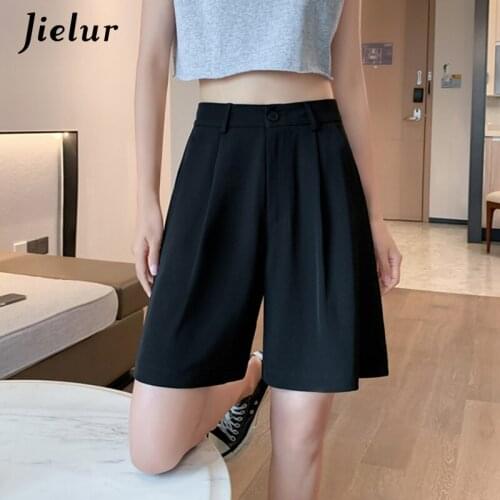 Jielur 2021 New White Black Suit Short High Waist Wide Leg Shorts Female Outer Wear Five-point Casual Loose Womens Shorts Summer