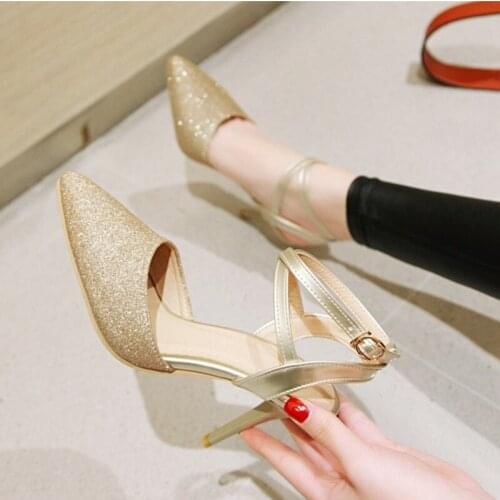 Fashion Ankle Strap Women Pumps Sexy Pointed Toe High Heel Sandals Shiny Plus Size 43 Party Shoes Female 2021 Summer Spring