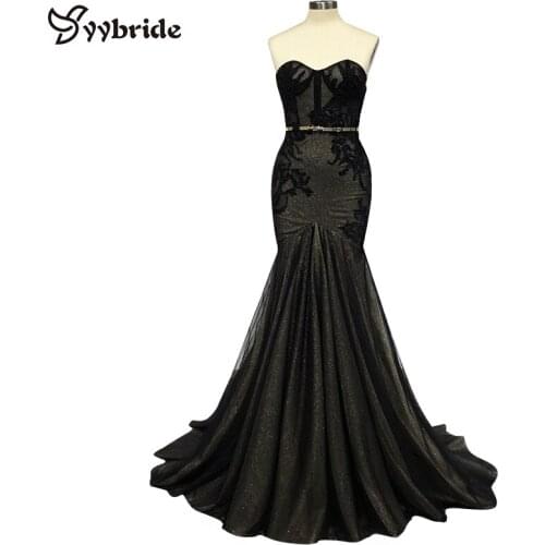 YYbride Black Tulle Fabric Sweet Heart Neck Mermaid Skirt Evening Dresses Elegant Women Dress Court Train with Belt Prom Dresses