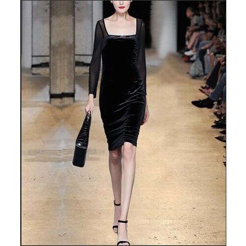 See Orange Elegent Sheath Black Velvet Lady Dress Autumn Sexy Voile Patchwork Square Collar Full Sleeve Women Dress