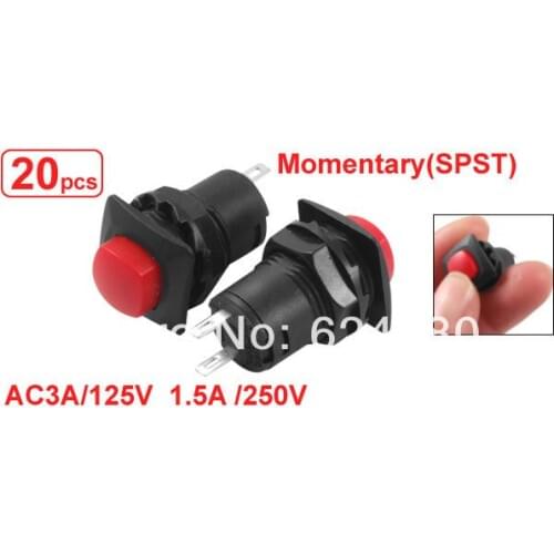 20 Pcs / Lot x AC 3A / 125V 1.5A / 250V 6V 9V 12V 24V Red Momentary Push Button Switch 2 Pin SPST OFF/(ON) NO N/O Normally Open