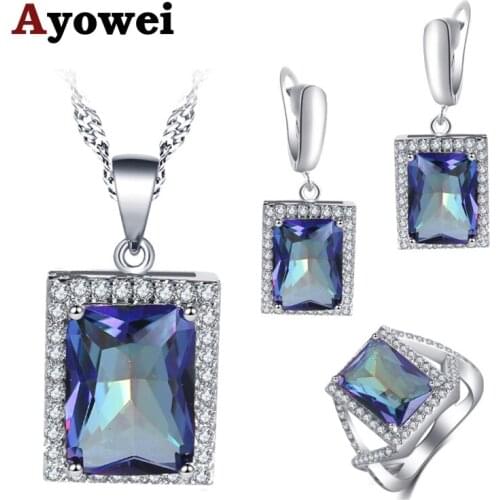 Ayowei For lady Silver Square Design Plated Colorful Blue Zircon Girl Earring Necklace Ring Jewelry Set JS747A