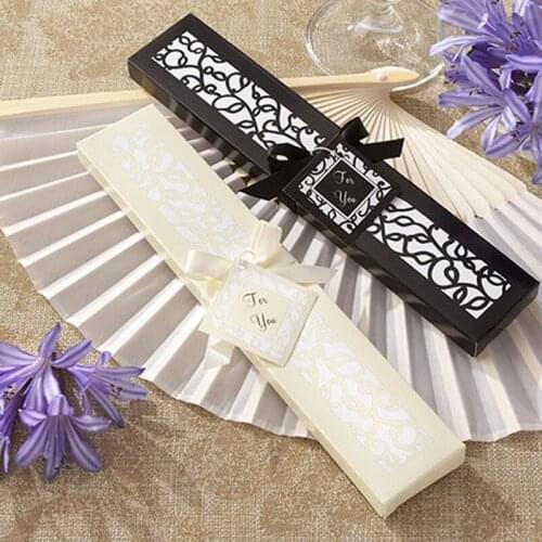FREE SHIPPING 10PCS Luxurious Silk Fold hand Fan in Elegant Laser-Cut Gift Box (Black Ivory or Pink) Party Favors wedding Gifts
