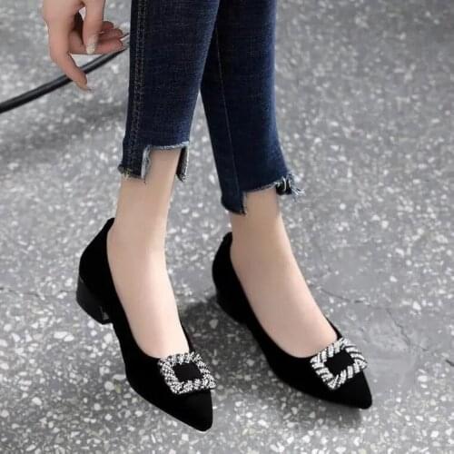 Brand Crystal Pumps Women Thick Heel Work Shoes Wild Shallow Mouth Pointed Lady High Heels Fashion Suede Women Wedding Shoes