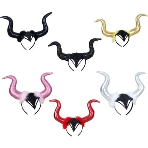 Halloween Long Ox Horn Headband Evil Queen Glitter Hair Hoop Cosplay Headpiece