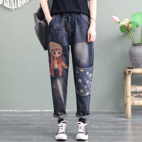 Cartoon girl patch embroidery jeans womens loose large size printing big pockets elastic waist harem pants long pants
