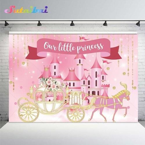 Our Little Princess Backdrop Girls Baby Birthday Party Decor Photography Background Pink Castle Glitter Gold Pumpkin Carriage