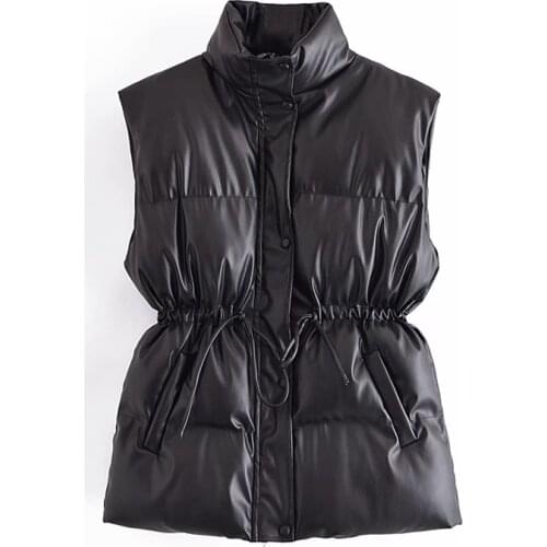 MESTTRAF Women 2021 Fashion Faux Leather Cotton Padded Waistcoat Vintage Sleeveless Drawstring Female Outerwear Streetwear