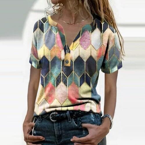 Fashion Summer T-Shirts Women 2021 Casual Loose Button Decor V-Neck Patchwork Short Sleeve Plaid Print Slim Pullover Tees Female