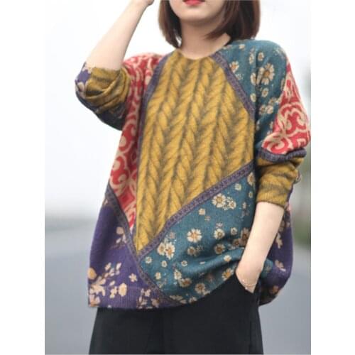 Autumn Winter Sweater Women Retro Loose Knitting Pullovers Tops 2019 Werainyee New Ladies Casual flower All-match Sweater Tops