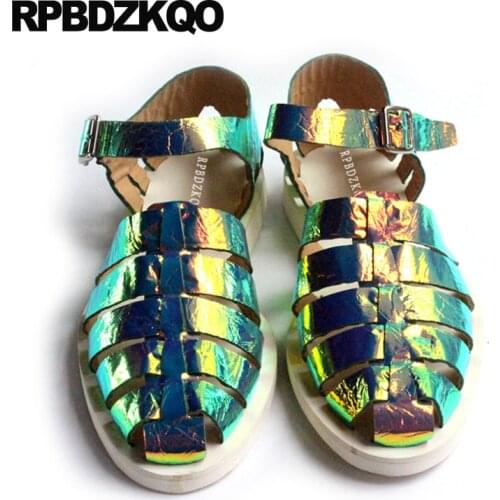 Flat Strap Closed Toe Men Gladiator Sandals Summer Shoes Casual Roman Breathable High Quality Luxury Genuine Leather Holographic