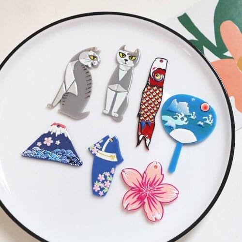 Resin Hand-painted Fuji Mountain Cherry Blossom Cat Fan Charms 10pcs/lot For DIY Fashion Earrings Jewelry Making Accessories