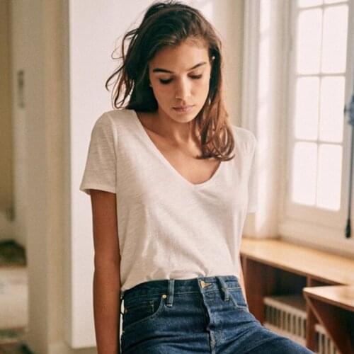 Ruelen Chic Solid Vintage Casual T-Shirt Summer 2021 Girl V Neck Short Sleeve Cotton Tees Tops Retro High Quality Women Clothing